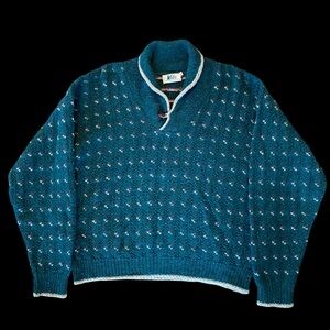 RARE VTG 80s Men REI Pullover Wool Knit Shawl Collar Sweater Green Sz. M *FLAWS